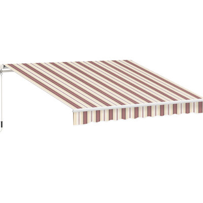 13' X 8' Retractable Patio Awning - & Water-, Manual Crank Handle, Aluminum Frame, Red Stripes For Yard Balcony Crank, Deck
