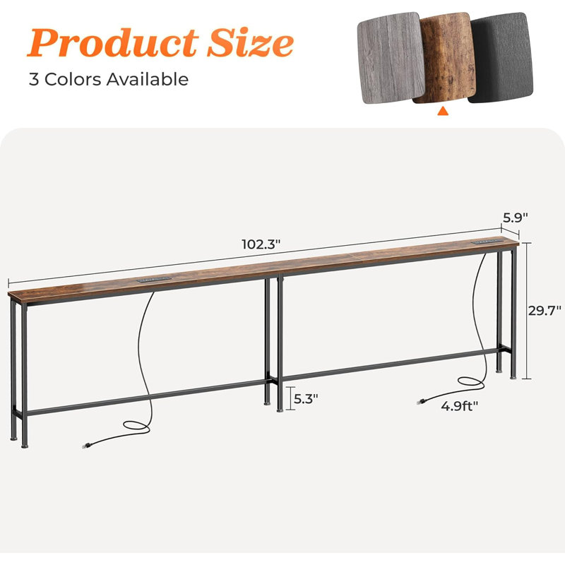 102 Inch Sofa Table with 2 Power Outlets and USB-C Ports, 29.7" H x 102" W x 6" D