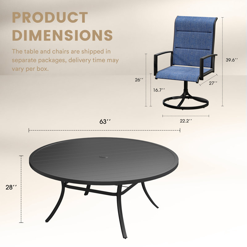 63" Round Patio Dining Set For 8 With Swivel Chairs, Black/Blue