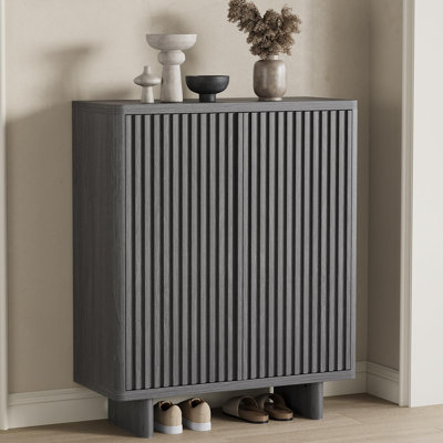 31.6" Fluted Door Shoe Cabinet, 5-Tier Entryway Storage Bench with Adjustable Shelves