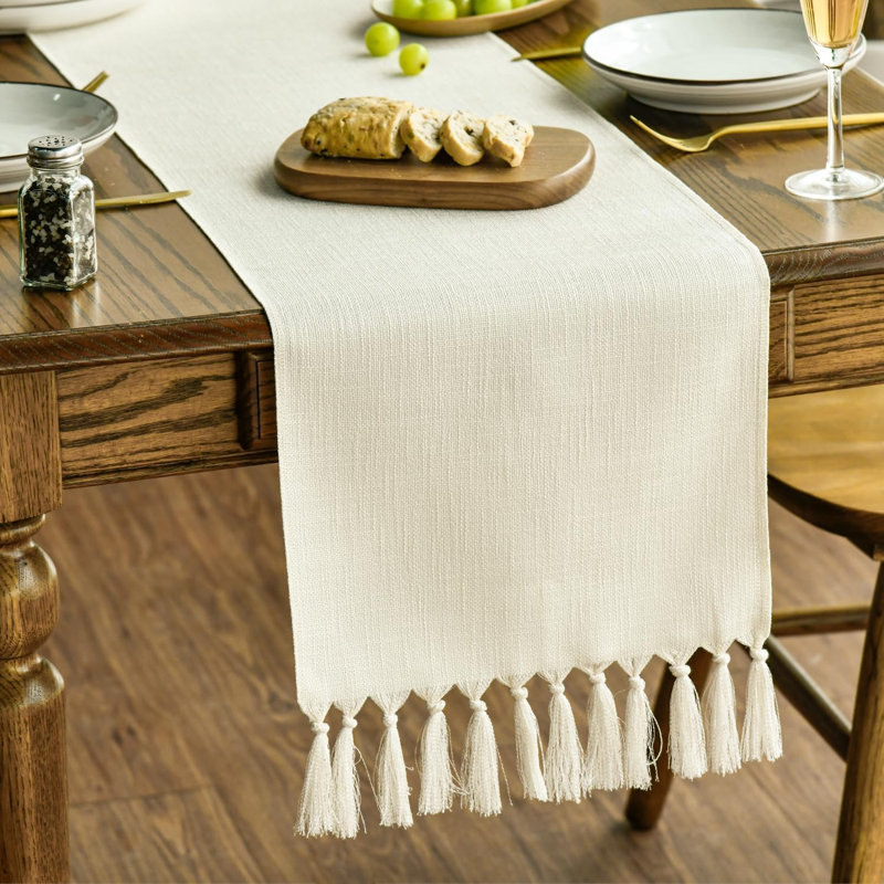 Chemin de table beige à pampilles, mélange de lin bohème, décoration de table de cuisine de style campagnard rustique