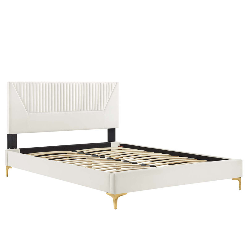 Lit plateforme en velours Yasmine Channel, Blanc, Double