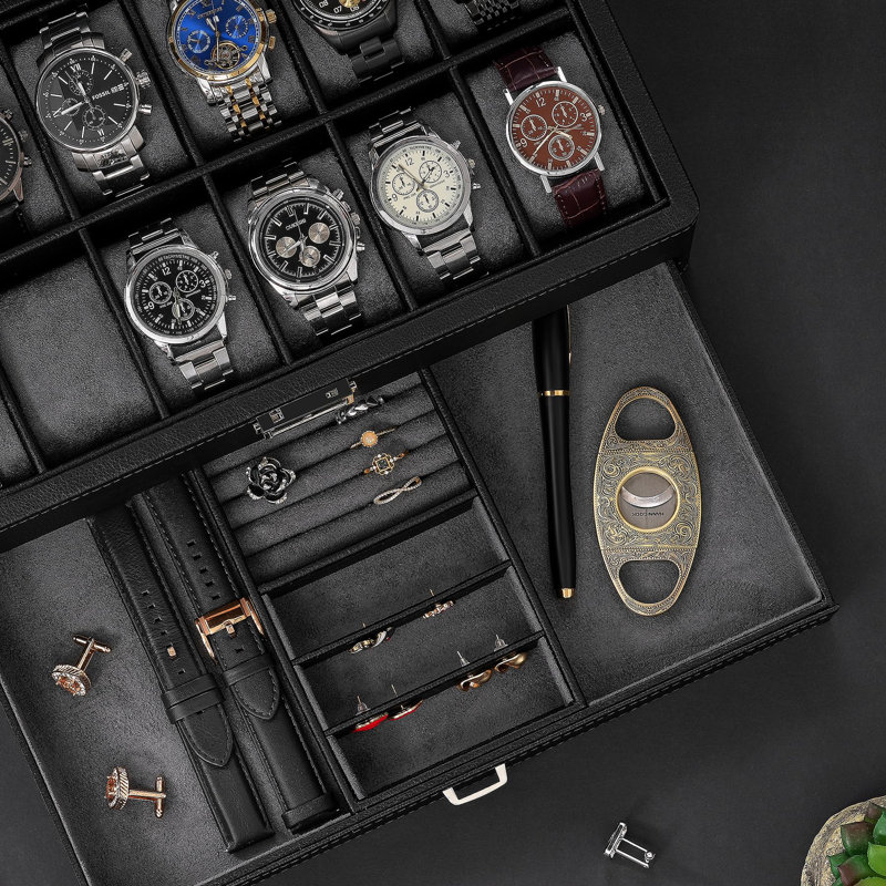 12-Slot Luxury Watch Box with Valet Drawer, Black