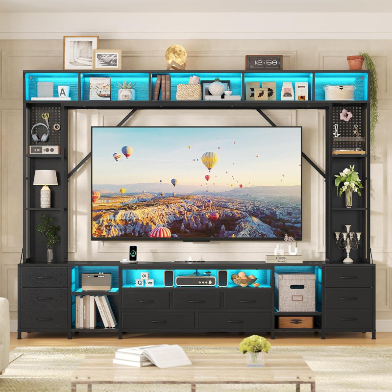 Entertainment Center For Tvs Up To 75", Wall Unit Tv Stand With & Led Lights, Black