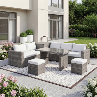 Ensemble de conversation modulaire en rotin de patio 6 pièces 6 pièces avec sièges réglables, boîte de rangement, housses amovibles et table en verre trempé