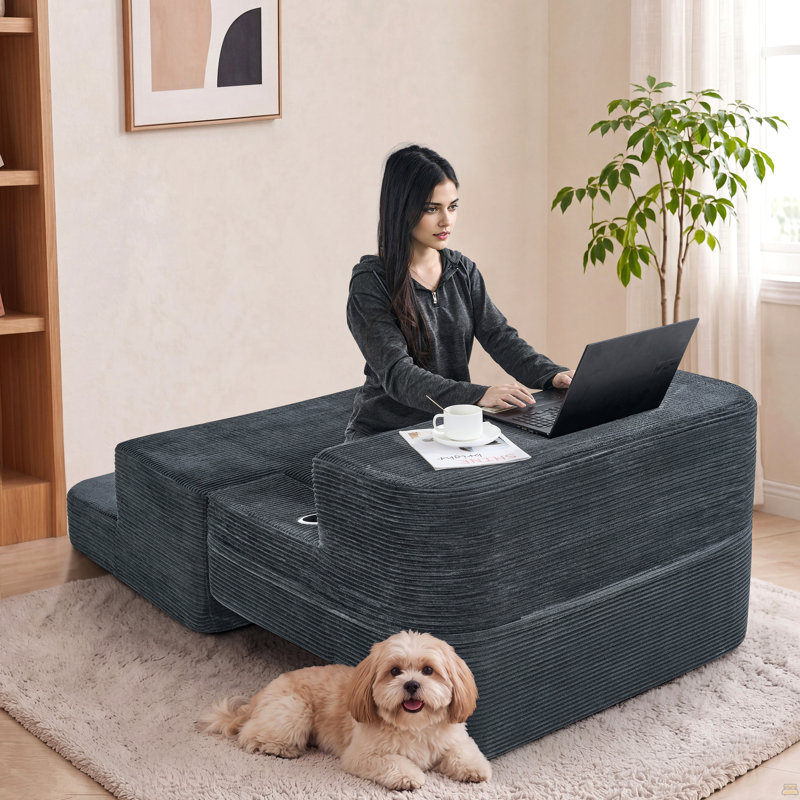 Canapé à compression simple multifonctionnel, convertible en bureau d'ordinateur et bureau simple, revêtement en velours côtelé, siège confortable, idéal pour les employés de bureau