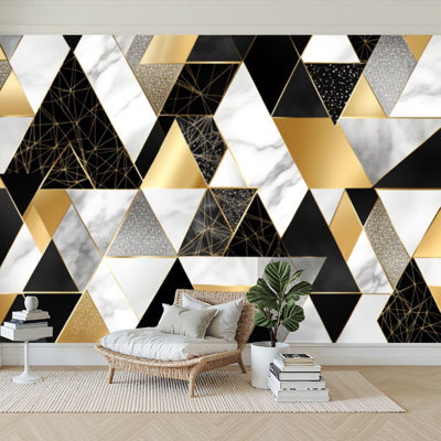 Wall Mural Peel and Stick Wallpaper seamless geometric gold metallic lines silver glitter black watercolor Self-Adhesive Removable Contact Paper Wall Decor for Living Room Bedroom 100"H x 144"W