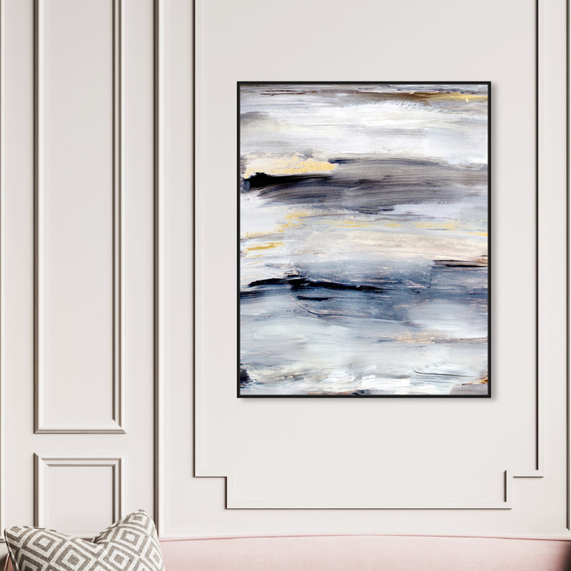 Modern Gray Brush Stroke Painting Print, Black Floater Framed, 46" H x 37" W