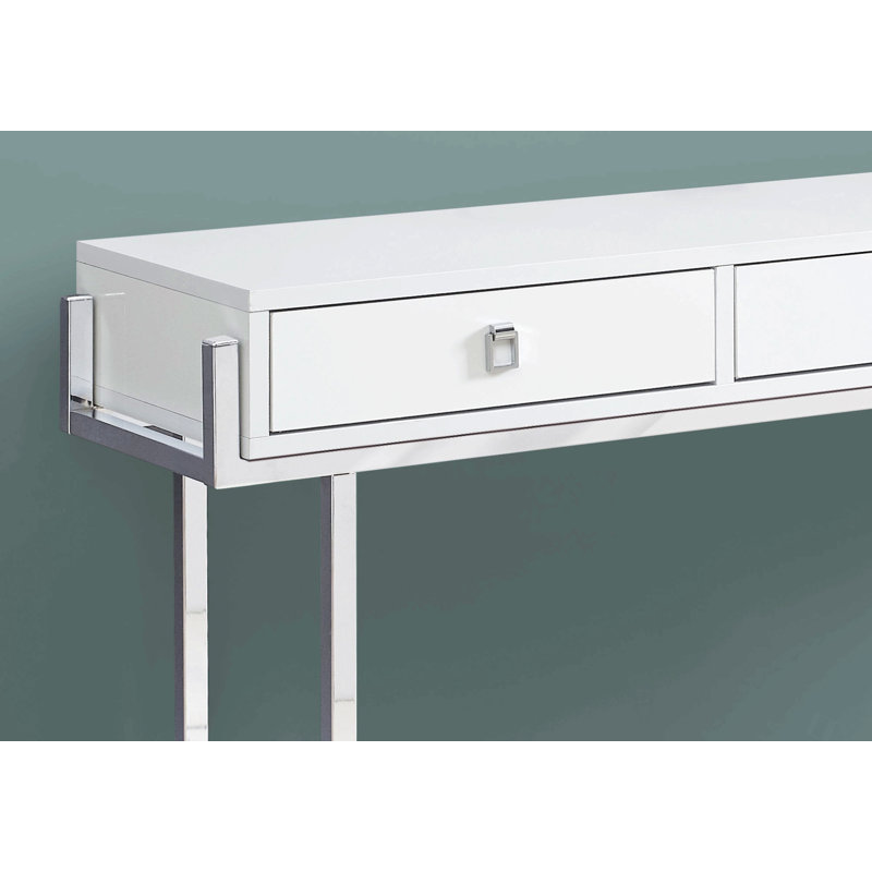 Table d'appoint, console, vestibule, étroit, canapé, tiroir de rangement, salon, chambre à coucher, stratifié blanc brillant, métal chromé, contemporain, moderne