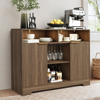 47" W Modern Fluted Bar Cabinet With Adjustable Shelves & LED Light