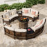 Ensemble de mobilier d'extérieur courbé en demi-lune 11 pièces, canapé modulaire pour conversation avec accoudoirs en bois, table basse ronde pour terrasse, beige