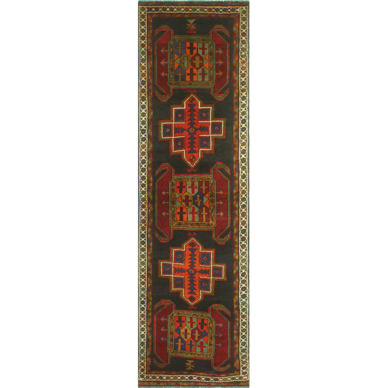 One-of-a-Kind 3'5 x 12'9 New Age Runner Wool Area Rug in Black and Ivory
