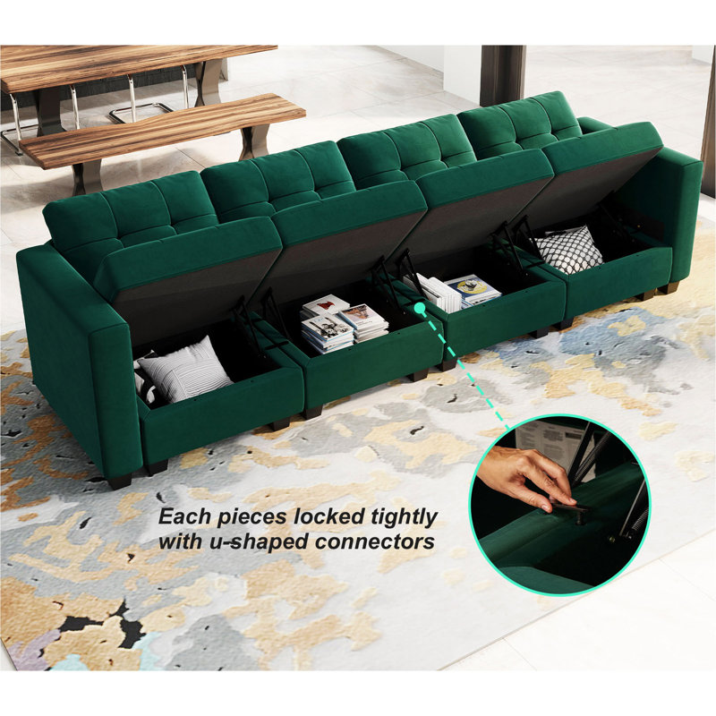 Buckleton Modern Modular Velvet 4 Seat Sofa Convertible Couch with Tufted Cushions and Storage, Green Velvet