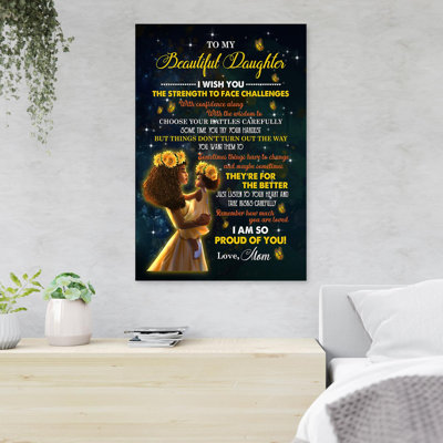 «Mother and Daughter with Sunflowers And Butterflies At Night - To My Beautiful Daughter, I Wish You Force To Face Défis», 1 reproduction d'art graphique sur toile tendue