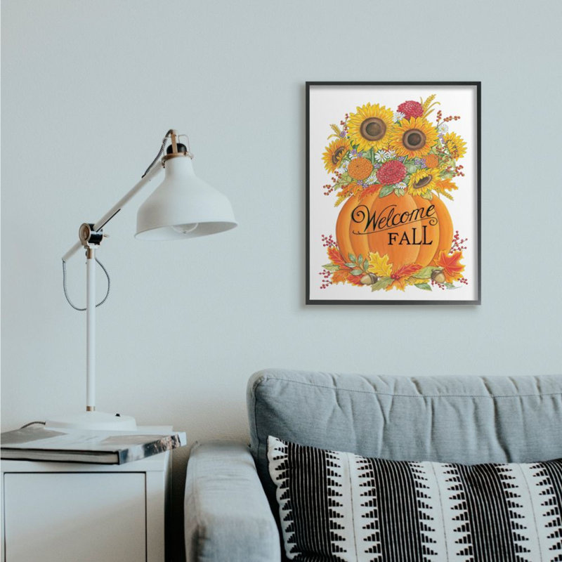 «Welcome Fall Expression Autumn Pumpkin Sunflower Florals» par Deb Strain - impression d'art graphique, H 30 po x l 24 po
