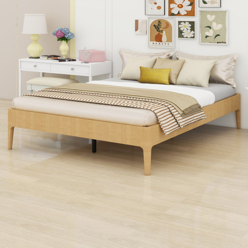 Base de lit plateforme en bois durable avec lattes de bois et support en métal, Naturel