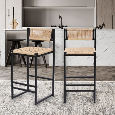 Ensemble de 2 tabourets de bar modernes avec dossier en corde tissé à la main, siège tissé et structure en métal