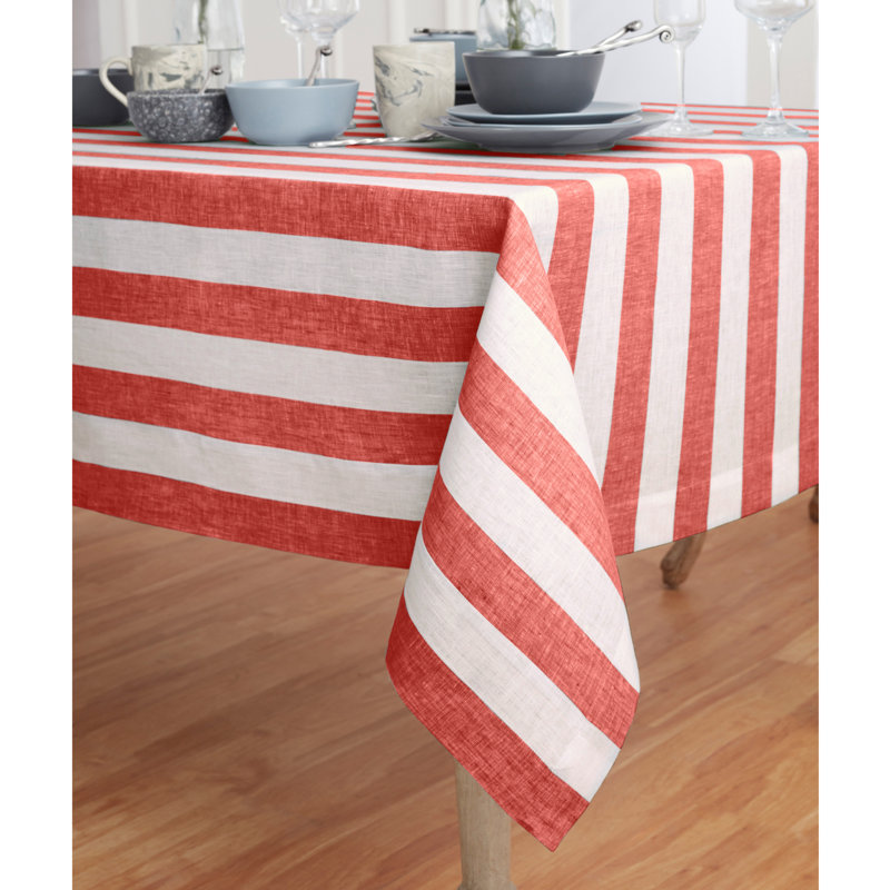 Cabana Stripe - 100% Pure Linen Tablecloth, 120" x 60", Red/White