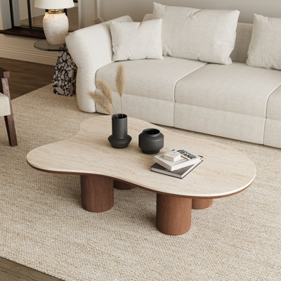 Ensemble de meubles de salon modernes et organiques 2 pièces, meuble télé/console multimédia en noyer avec rangement et table basse avec plateau en pierre irrégulière