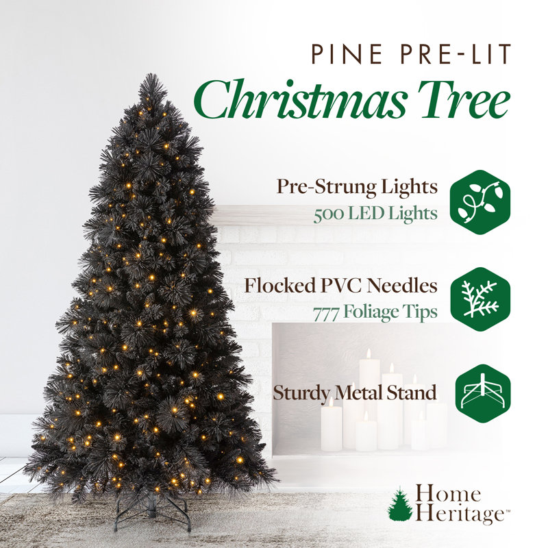 Home Heritage Prelit Artificial Christmas Tree with Pinecones, Black, 6.5' H