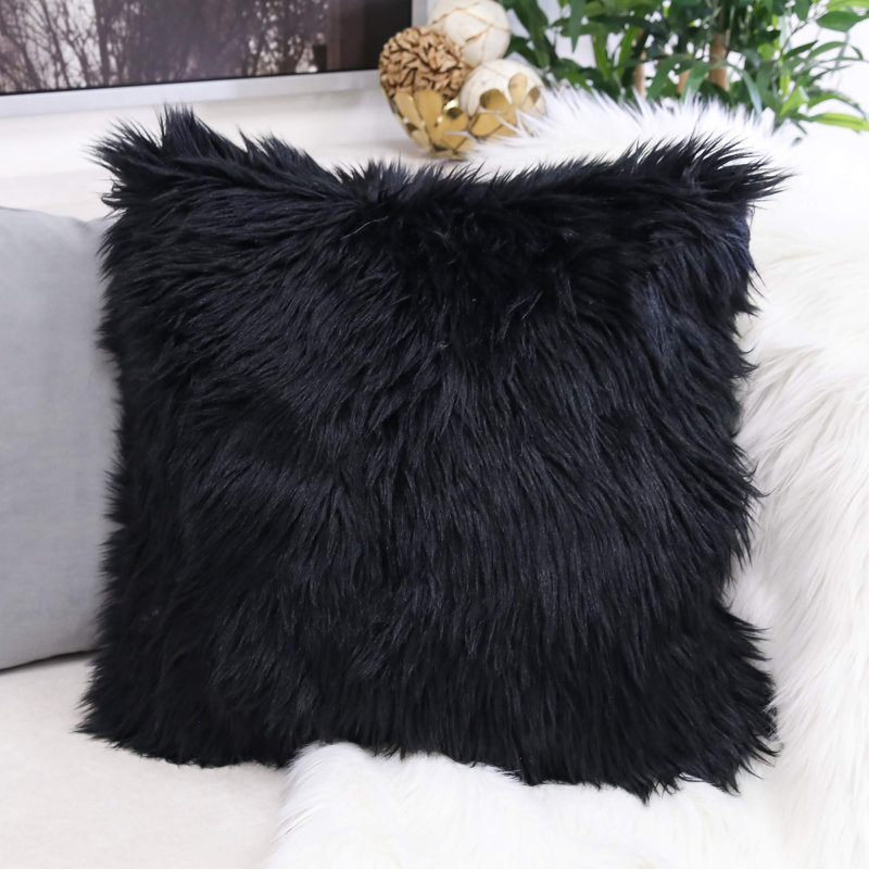  Shaggy Square Faux Fur Pillow Cover & Insert, Black