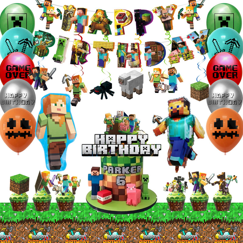 Articles de fête d'anniversaire Minecraft, ensemble de 52 décorations de fête Minecraft