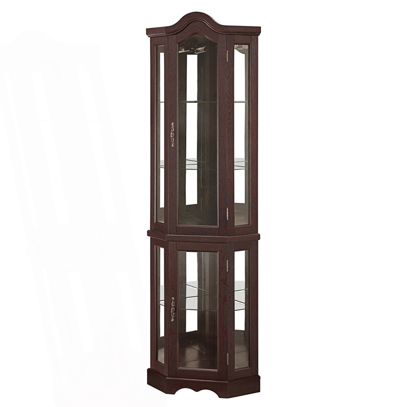 Lighted Corner Curio Cabinet With Tempered Glass Doors & Shelves, Cherry
