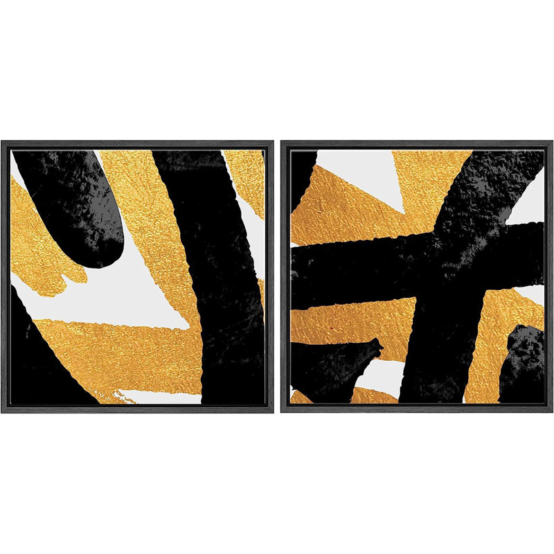 "Black and Gold Brushstroke Array", reproduction sur toile 2 pièces, Noir, H 16 po x l 32 po x P 1,5 po