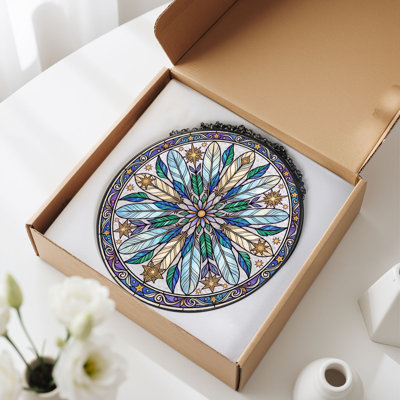 Panneau de vitrail de fenêtre en plumes Mandala ， 7,8H
