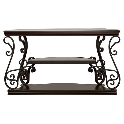 Console With Two Shelves, Rich Finish And Intricate Bronze Detailing For Display Storage In Entryways Living Rooms Table Legs Decorative Practical Use Primary Areas