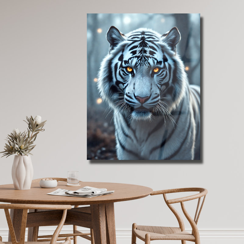 Art mural en verre trempé tigre blanc, 40" H x 30" W