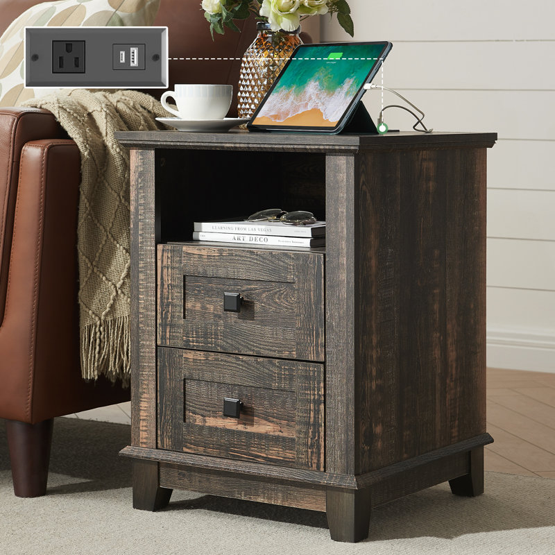 Demitrus 4 - Drawer End Table and Built-In Outlets, Black, Black