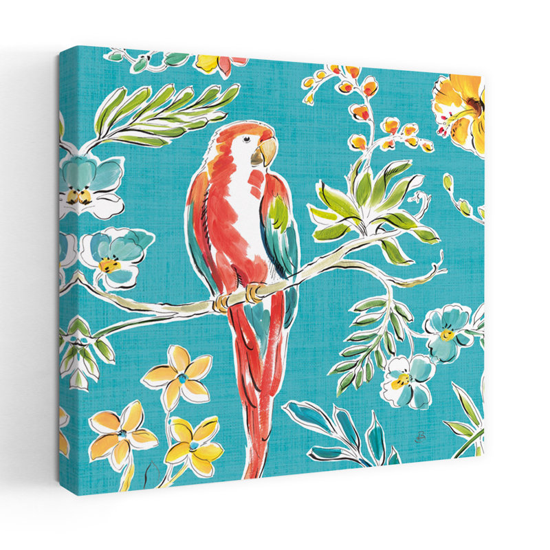 Oasis tropicale III, oiseau abstrait, hibiscus, orchidée, art floral tropical, H 32 po x l 32 po