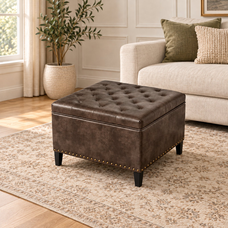 29.5'' Faux Leather Tufted Square Storage Ottoman For Living Room, Nelda Coffee Faux Leather
