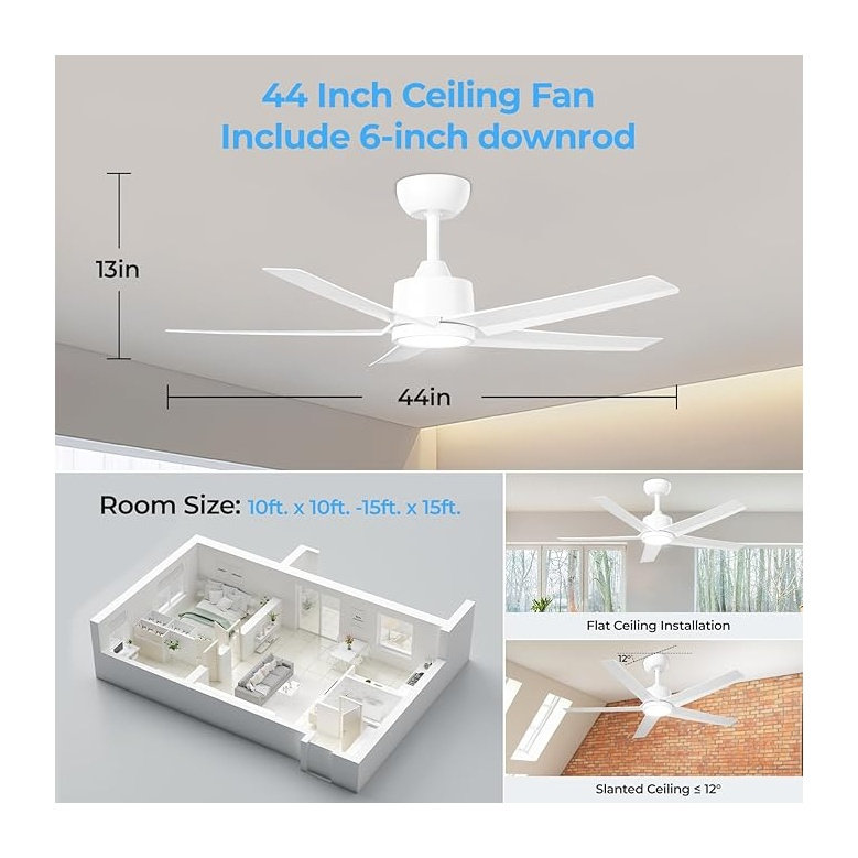 Ventilateur de plafond blanc de 44 pouces avec lumières, moteur à courant continu à haut débit d'air, conception en métal à 5 pales
