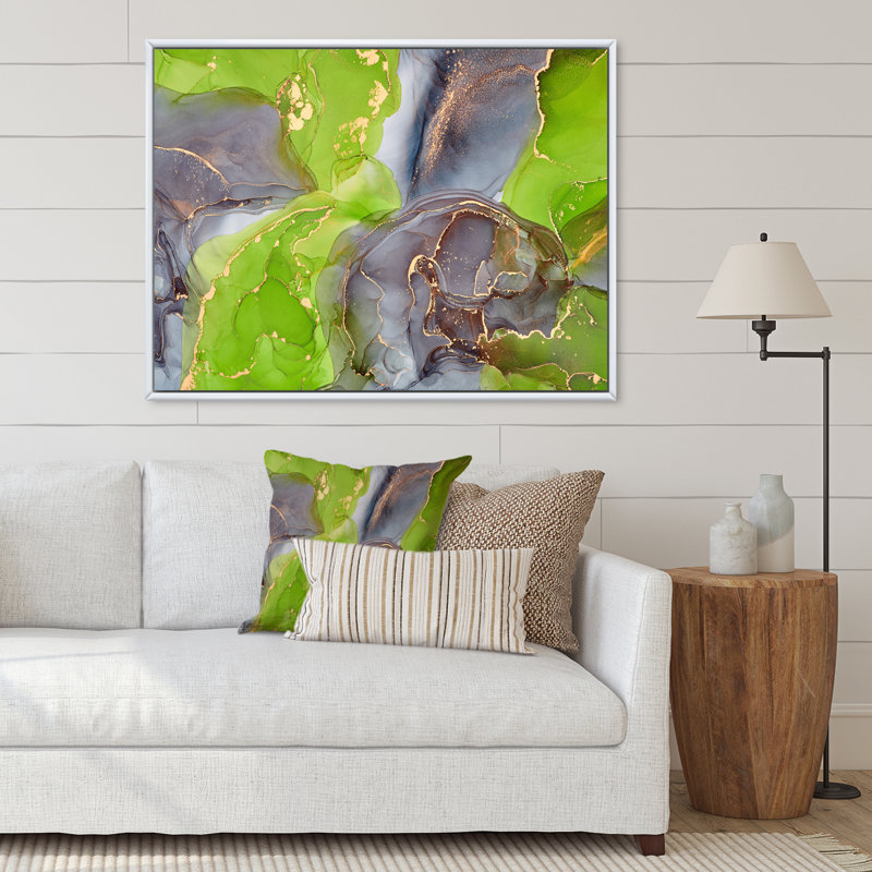 «Green and Purple Luxury Abstract Fluid Art II», reproduction sur toile, Cadre photo argenté, H 24 po x l 32 po x P 1 po