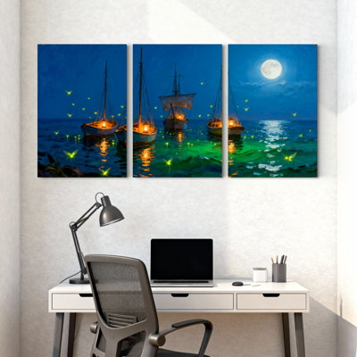 Nautique au clair de lune, bateaux océaniques, lucioles, ensemble de 3 reproductions d'art sur toile