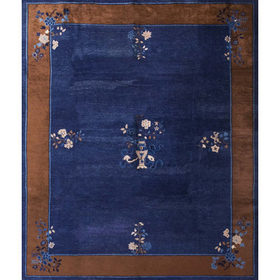 Rectangle Blue Antique Wool Hand Knotted Pile Floral Medallion 1900s Rug