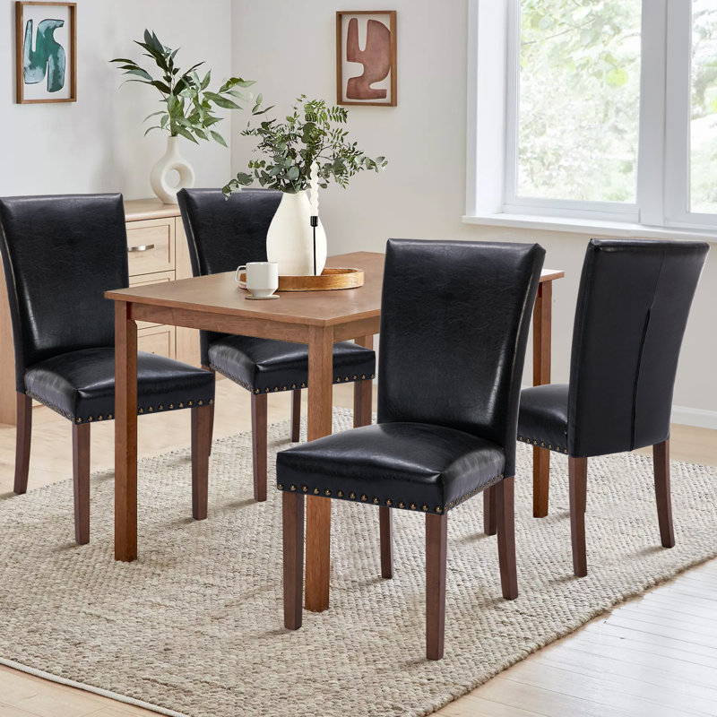 PU Leather Dining Chairs Set of 2, Nailhead Trim Parsons Side Chairs with Solid Wood Legs, High Back Upholstered Kitchen Chairs