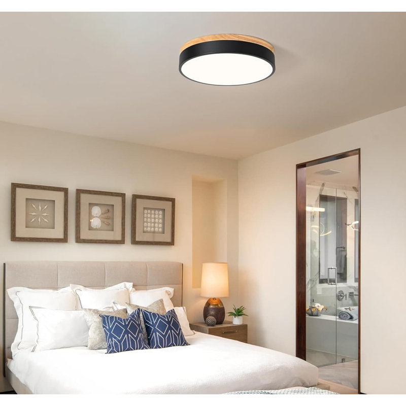 Modern Black and Wood LED Flush Mount Ceiling Light