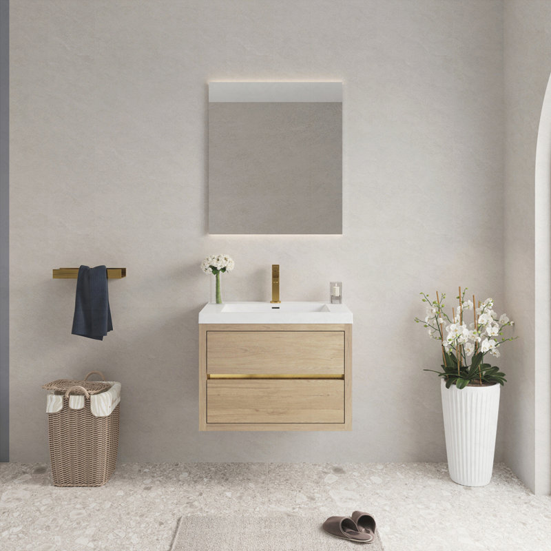 Meuble-lavabo mural 30 po avec lavabo, meuble de rangement flottant avec comptoir en résine de pierre et tiroirs à fermeture en douceur