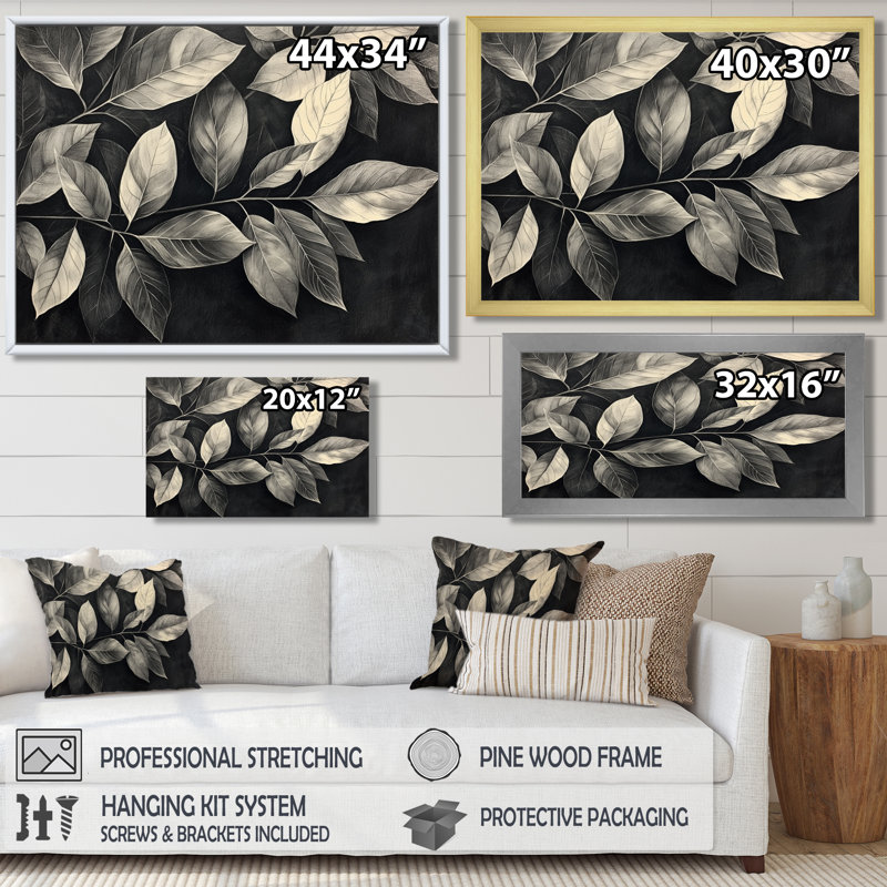 Jacion Gray Rustling Autumn Leaves II - feuilles, art mural, H 30 po x l 40 po, Impression encadrée flottante, Blanc