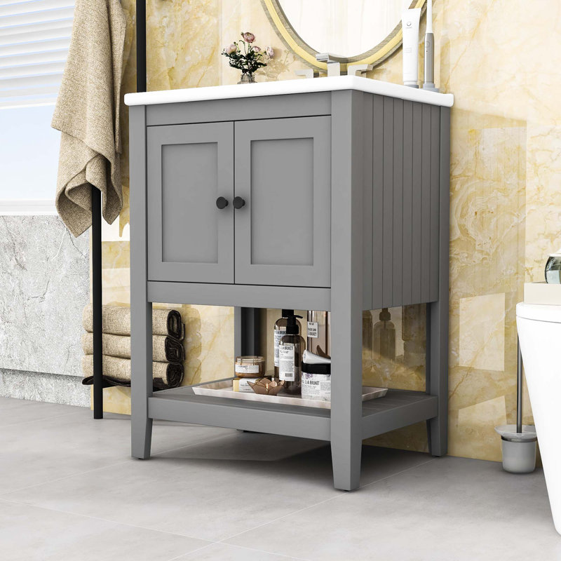 Meuble-lavabo simple autoportant 24 po avec plateau en céramique Nimal, Gris