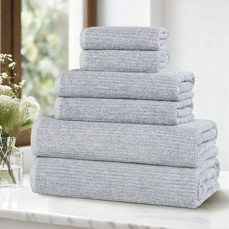  Ensemble de serviettes en mélange de coton et viscose, Ensemble 6 serviettes de bain, Bleu denim