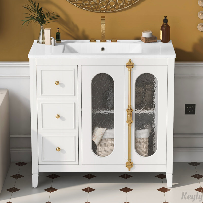 Meuble-lavabo à cadre en bois massif 36 po avec 2 portes à fermeture douce et 3 tiroirs