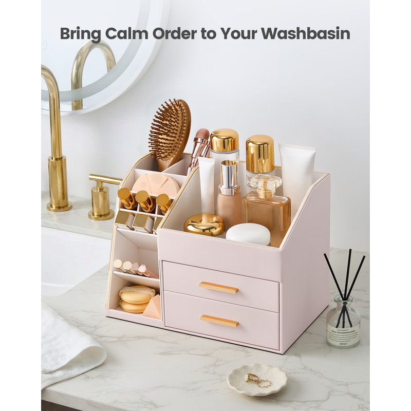 Boîte de rangement pour cosmétiques en cuir de polyuréthane avec tiroirs et comptoir 3 couches, Rose