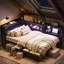 Lit de jour avec 2 tiroirs, lit d'angle avec bibliothèque et base de chargement, lit plateforme en métal pour chambre à coucher, chambre d'amis-1233194656-1187423244