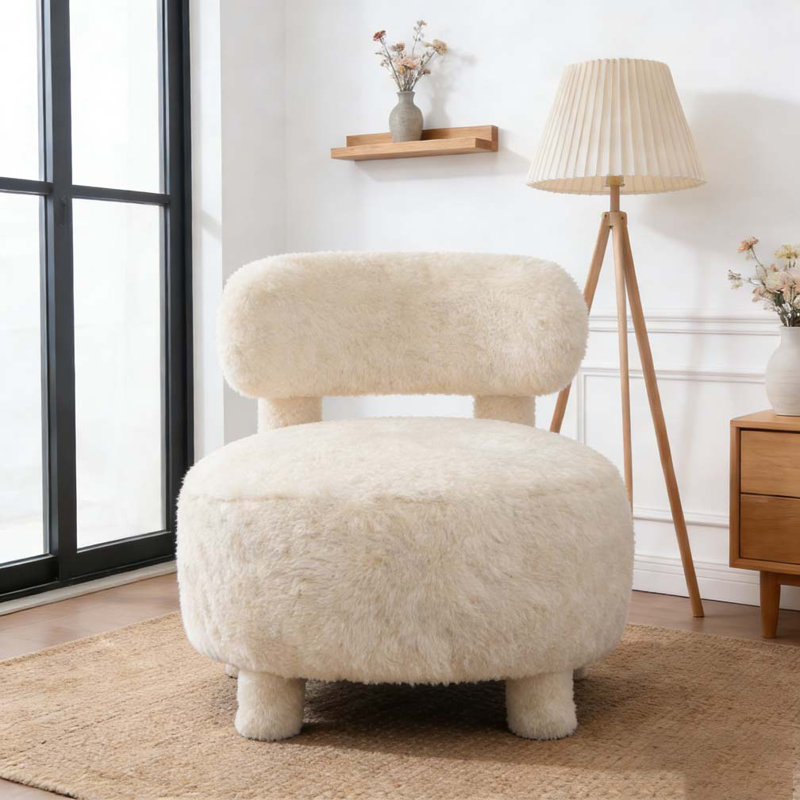 Chaise d'appoint avec dossier incurvé et pieds en bois massif, Fourrure, Blanc