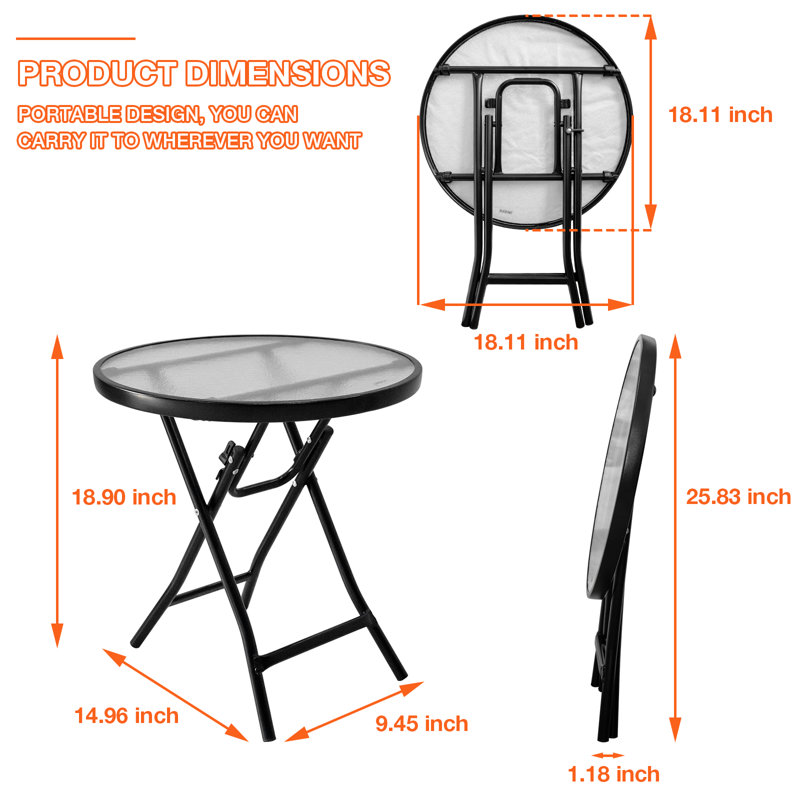 Table de patio ronde pliable avec plateau en verre trempé à eau trempée L 18,11 po x l 18,11 po Borgeson, Transparent