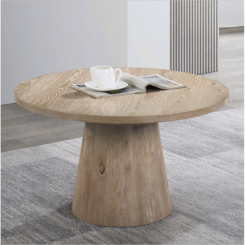 Contemporary Style Round Coffee Table With Cone Shape Pedestal Base Rubberwood Structure Oak Finish, Oak